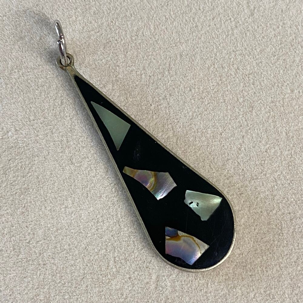 Vintage Alpaca Mexico Abalone Inlay Teardrop Pendant Silver Tone Black 2"